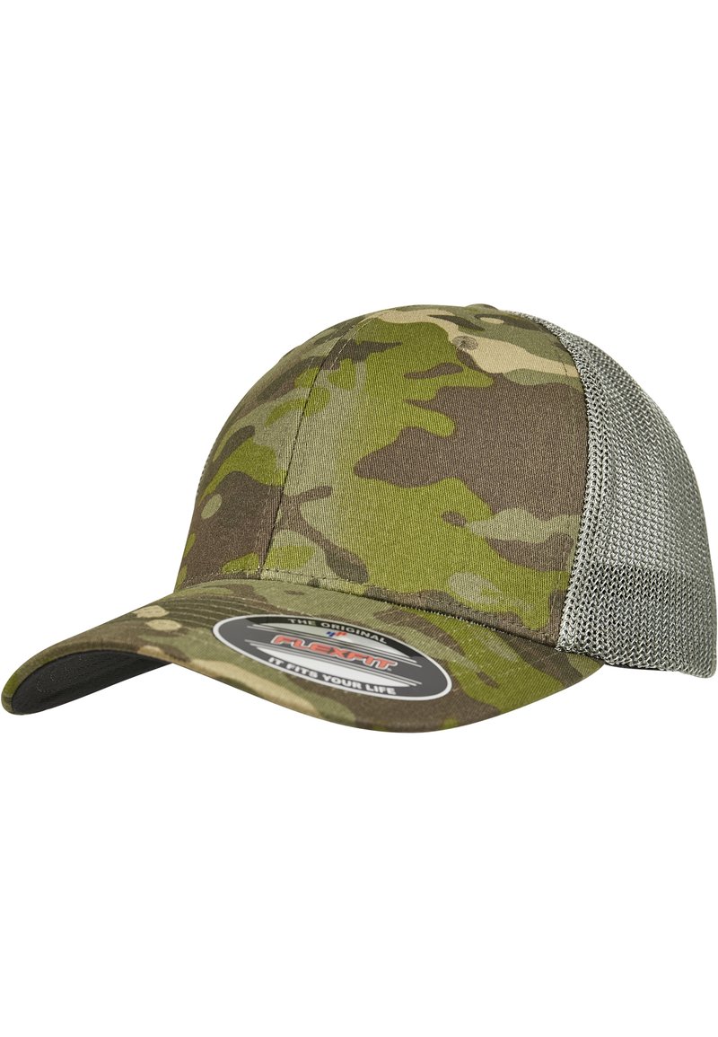 Kamuflasje baseballcap med en solid grønn-brun stofffront og en meshbakside. Har en rund, svart Flexfit-logo på fronten.