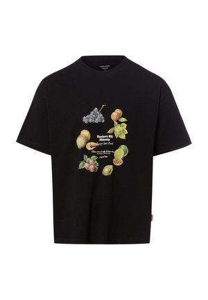 Czarny T-shirt z krótkim rękawem z ilustracjami winogron, kiwi, limonki, skorupiaków i napisem „Blueberry Hill Hideaway Baxter State Park.”