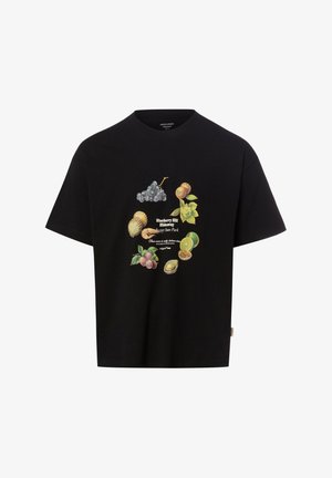 Czarny T-shirt z krótkim rękawem z ilustracjami winogron, kiwi, limonki, skorupiaków i napisem „Blueberry Hill Hideaway Baxter State Park.”