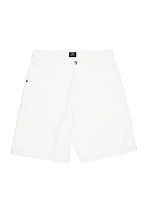 Shorts in denim bianco con design classico a cinque tasche, dotati di chiusura a bottone e taglio dritto. Texture liscia con dettagli minimi.