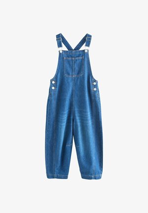 Blaue Jeanslatzhose mit verstellbaren Schultergurten, vorderer Brusttasche, seitlichen Knöpfen und locker zulaufenden Beinen.
