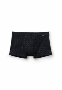 Černé boxerky vyrobené z měkké tkaniny, s tečkovaným vzorem v bílé a modré barvě. Obsahují pohodlný elastický pas.
