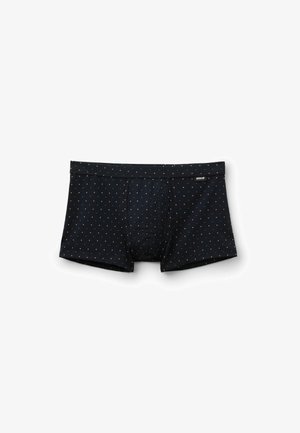 Boxers ajustados negros hechos de una tela suave, con un patrón de puntos en blanco y azul. Incluyen una cómoda cinturilla elástica.