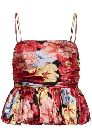 Varrukateta lilleline top mustal taustal, kus on punased, roosad, kollased ja sinised lilled, millel on kortsudetailid ja õhukesed rihmad.