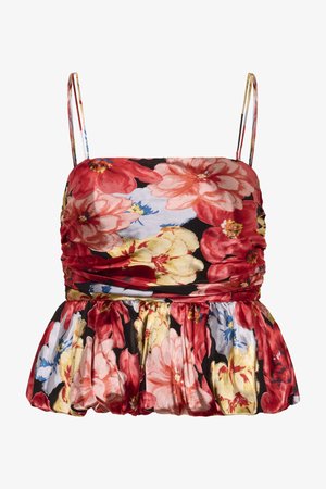 Varrukateta lilleline top mustal taustal, kus on punased, roosad, kollased ja sinised lilled, millel on kortsudetailid ja õhukesed rihmad.