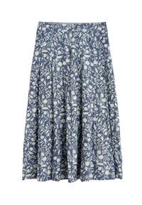 Hame slettkuvi, jossa on valkoisia kuvioita sinisellä taustalla, laskostettu muotoilu, polvipituus ja istuva vyötärö.