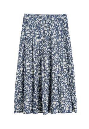 Blumenmusterrock mit weißen Motiven auf blauem Hintergrund, plissiertes Design, kniehoch und mit tailliertem Bund.