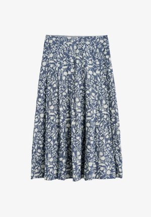 Blumenmusterrock mit weißen Motiven auf blauem Hintergrund, plissiertes Design, kniehoch und mit tailliertem Bund.