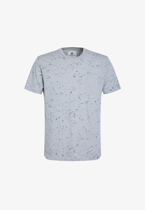 Helehall lühikeste varrukatega T-särk, millel on tekstuuriga muster siniste pritsmetega, väike rinnatasku ja ümar kaelus.