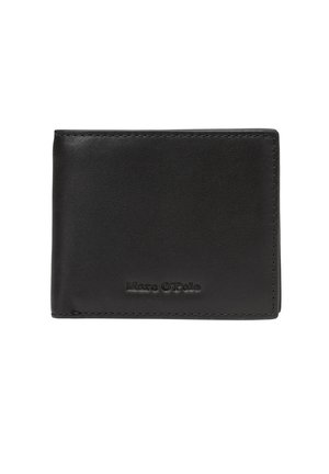 Schwarze Lederbörse mit glatter Textur, zwei gefaltetes Design, geprägtes Logo und Stichdetails an den Kanten. Kompakte Größe und minimalistischer Stil.