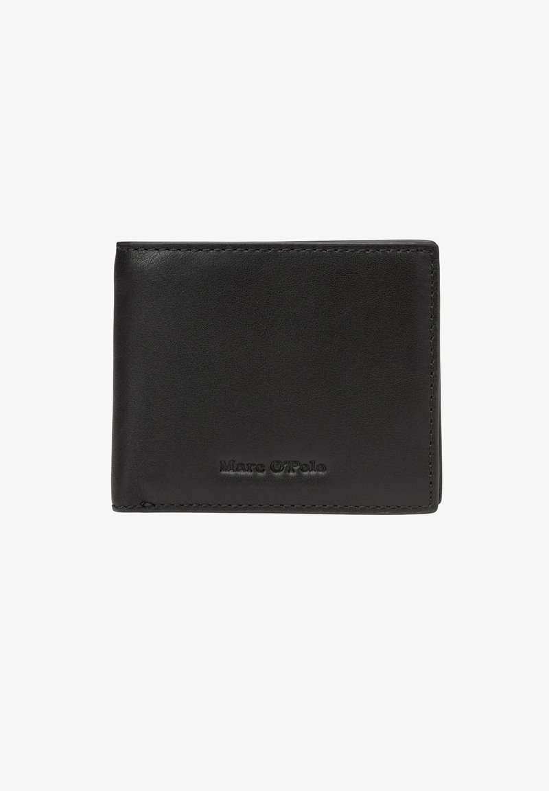 Black leather wallet with a smooth texture, bi-fold design, embossed logo, and stitching details on the edges. Compact size and minimalist style.