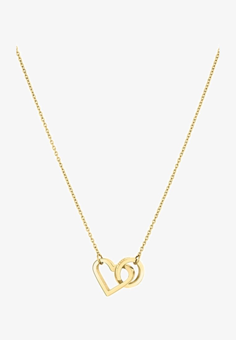 Collier délicat en chaîne d'or avec deux pendentifs entrelacés, un en forme de cœur et un petit cercle.