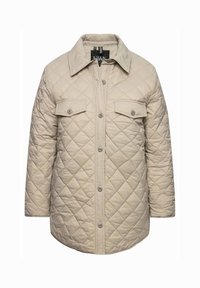 Chaqueta acolchada en beige claro, con cuello puntiagudo, cierre delantero de botones y dos bolsillos en el pecho con tapa y detalle de botón.