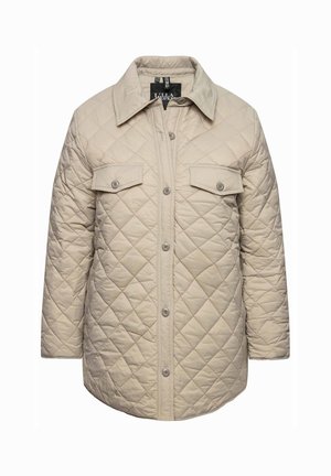 Gesteppte Jacke in hellbeige mit einem spitzen Kragen, vorderem Knopfverschluss und zwei Brusttaschen mit Klappen und Knopfdetails.