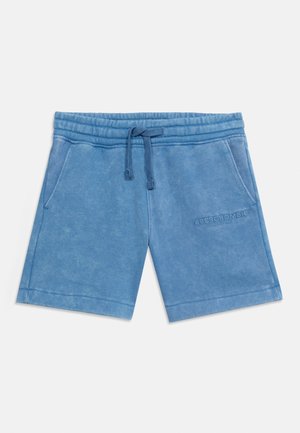 Niebieskie szorty z tkaniny frotte, z elastycznym pasem ze sznurkiem, bocznymi kieszeniami oraz tłoczonym logo "Abercrombie New York" z przodu po prawej stronie.