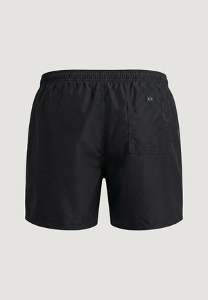 Czarne kąpielówki męskie z elastycznym pasem i pojedynczą tylną kieszenią wyposażoną w małą metkę z logo oraz otwór odpływowy.