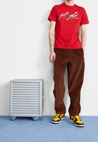 Punainen puuvillapaita, jossa on "Lento"-grafiikka, yhdistettynä ruskeisiin corduroy-housuihin. Keltaiset ja mustat tennarit; metallinen säilytyslaatikko mallin vieressä.