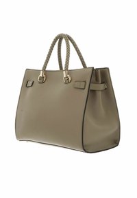 Sac à main en cuir vert olive au design structuré, avec des anses tressées, des ferrures dorées et un bord noir contrastant. Comprend deux poches latérales.