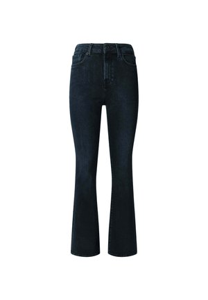 Uitlopende donkere denim jeans met een hoge taille, voorzien van een klassieke vijf-pocket ontwerp en zichtbare stiksels langs de naden.