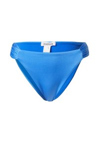 Blauer Bikiniunterteil aus glattem Stoff. Mit gerafftem Seitendetail und mittelhohem Schnitt. Ein Etikett mit dem Markennamen ist hinten sichtbar.