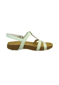Sandalias verde menta con múltiples correas, una cómoda suela de corcho y una correa trasera. Textura suave y diseño sencillo.