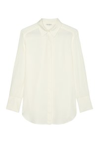 Witte, langmouwige shirt met een klassieke kraag. Gemaakt van gladde stof, heeft een knoopsluiting aan de voorkant en een afgeronde zoom. Geen zichtbare patronen of accenten.