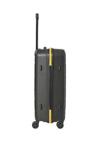 Valigia rigida nera con superficie testurizzata, zip con accento giallo, manico estensibile e quattro ruote rotanti per la mobilità.