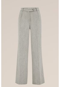 Széles szárú nadrág szövött szürke anyagból, finom mintával. Egy gombos záródással és elöl hajtásokkal díszítve a részletekért.