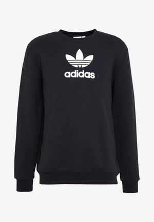 Black sweatshirt made of cotton blend fabric featuring a white Adidas logo and three-stripe design on the chest. Crew neck and ribbed cuffs.