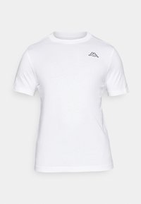 Bílý bavlněný tričko s kulatým výstřihem a krátkými rukávy. Obsahuje malé černé logo na levé části hrudi. Hladká textura.