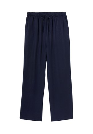 Pantalons large en marine avec une taille élastique et un cordon de serrage. Texture de tissu douce, longueur longue et design minimaliste.