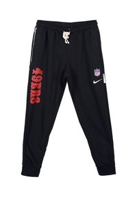 Pantaloni da tuta neri con gamba affusolata, con testo rosso "49ERS" e logo NFL, vita elastica con stringa, e tasche laterali con zip.