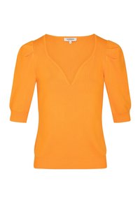 Haut en maille orange présentant un col en V, des manches courtes bouffantes, des poignets côtelés et un ourlet ajusté. Texture lisse avec un design léger.