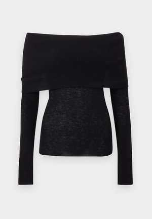 Črna majica z odkritimi rameni in dolgimi rokavi. Iz mehke, lahke pletene tkanine. Gladek tekstura, oprijeta oblika, minimalni detajli.