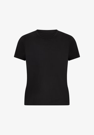 T-shirt noir à manches courtes en tissu doux, avec un col rond classique et une coupe droite et décontractée, sans motifs ni accents.