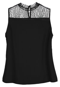 Haut noir sans manches doté d'un col haut en dentelle. Tissu lisse avec une silhouette fluide. Fermeture au dos par une ouverture en forme de goutte.