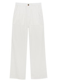 Pantalon blanc à jambes larges avec taille élastique, fermeture à bouton et deux grandes poches avant, posé à plat sur un fond uni.