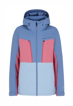 Kleurijke driekleurige jas met een blauwe capuchon, roze borstzakken met ritsen en een lichtblauwe onderkant; gladde stoftextuur.