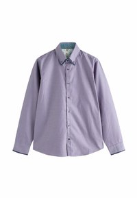 Lange mouw knoopshirt in lichtpaars met een textuurpatroon, contrasterende donkerblauwe kraag en manchetten, en een sluiting met knopen aan de voorkant.