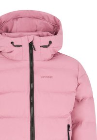 Chaqueta de invierno acolchada rosa con capucha, cremallera negra, cordones y un pequeño logo bordado de la marca en el pecho.