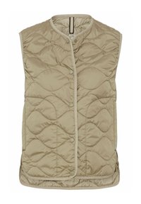 Gilet matelassé beige sans manches avec un col rond et une fermeture à pressions devant, avec des motifs cousus en forme de vagues.