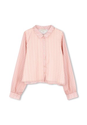 Roze overhemd met lange mouwen met een wit chevronpatroon, afgeronde kraag en manchetten, afgebeeld tegen een witte achtergrond.