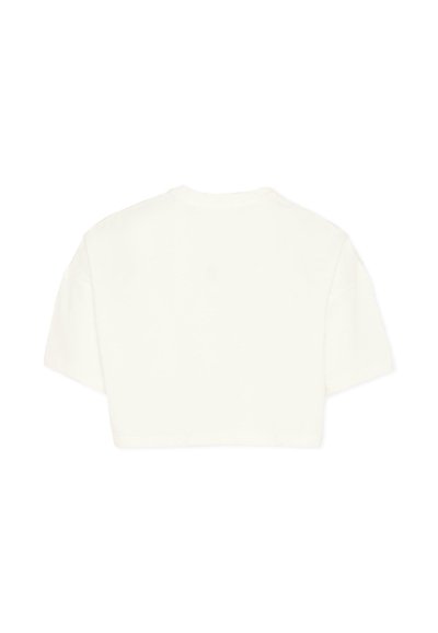 Prosty, krótki biały T-shirt z krótkimi rękawami, pokazany od tyłu na białym tle.