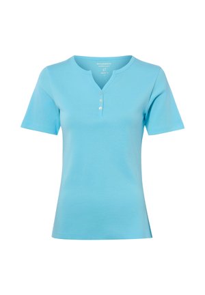 Light blue short-sleeve fitted shirt with a round neckline and three small buttons down the front.