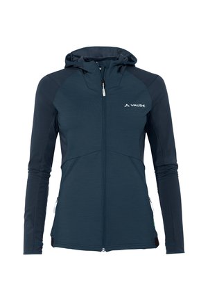 Marineblaue Performance-Jacke mit tailliertem Schnitt, Kapuze, Reißverschluss und Seitentaschen. Mit strukturierten Ärmeln und einem Logo auf der Brust.