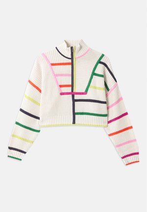 Gebreid cropped sweater in crème met multikleurige strepen. Hoge kraag met een halve rits, geribde manchetten en een gestructureerde stof.