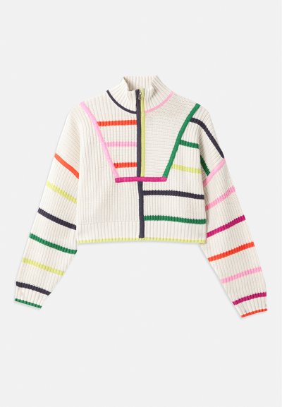 Kootud lühike kampsun kreemjas värvitoonis mitmevärviliste triipudega. Kõrge kaelus ja pool tõmprihm, soonikkoes mansetid ja tekstureeritud kangas.