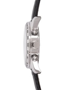 Orologio in acciaio inossidabile argento con cinturino in pelle nera. Presenta due pulsanti e una scala tachimetrica sulla lunetta, progettato per la durabilità.