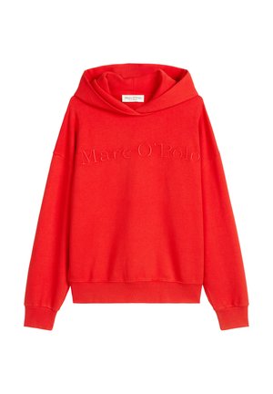 Czerwona bluza z kapturem marki Marc O'Polo z długimi rękawami i wytłoczonym napisem z nazwą marki na klatce piersiowej, charakteryzująca się luźnym krojem i kapturem.