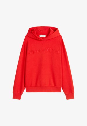 Rode Marc O'Polo hoodie met lange mouwen en een reliëf merknaam over de borst, voorzien van een ontspannen pasvorm en een capuchon.